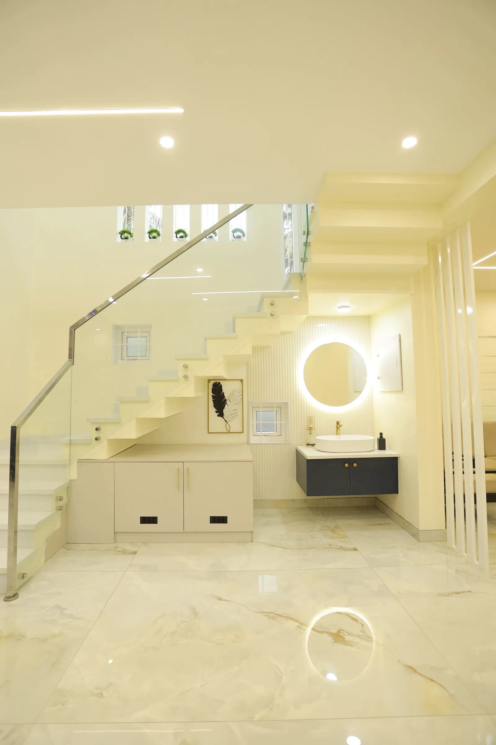 Modern Living Room with Under-Stair Vanity