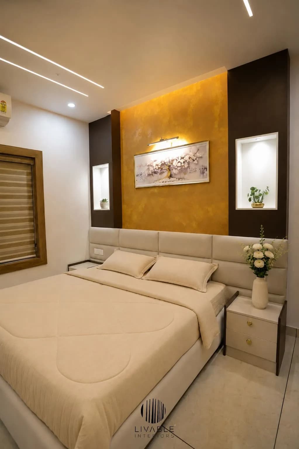 Neutral Bedroom with Ochre Accent Panel